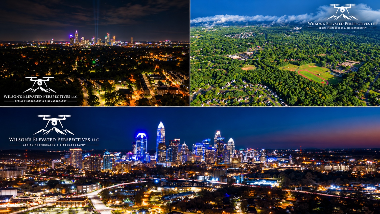 Panoramic Charlotte skyline at night with the Wilson’s Elevated Perspectives LLC logo